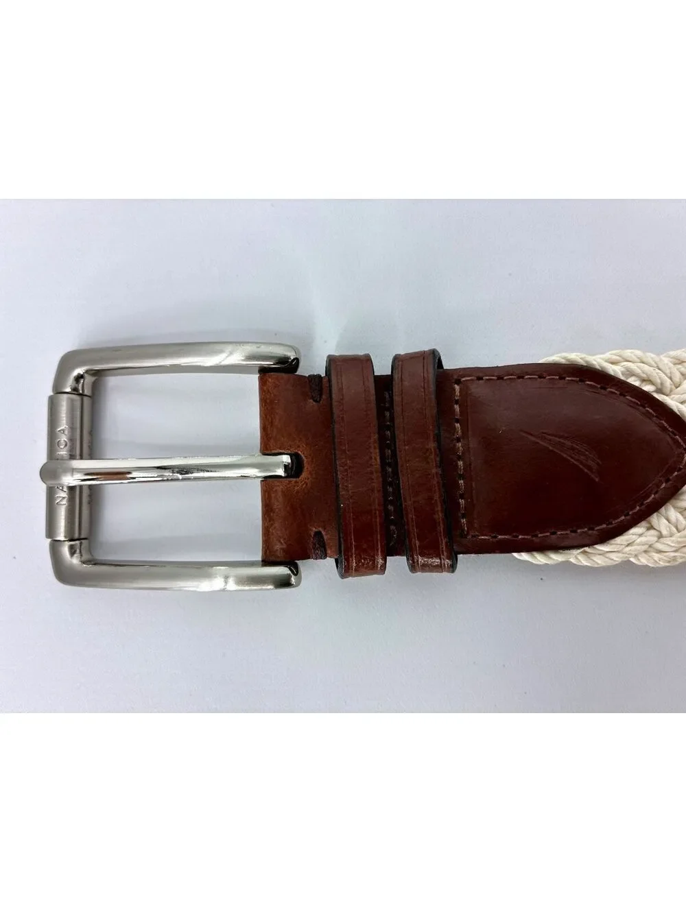 Nautica Woven Cotton and Leather Belt in Cream and Brown men's size 42